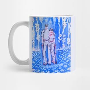An old couple in the blue garden. Love forever. Mug